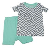 2set - Tmavomodro-bílé kostkované tričko + tyrkysové bavlněné kraťasy Primark