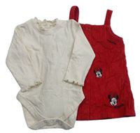 2 set - Červené propínací laclové manšestrové šaty s Minnie + smetanové žebrované body George