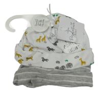 Nové - 2x čepice bílá se zvířaty + šedá pruhovaná George