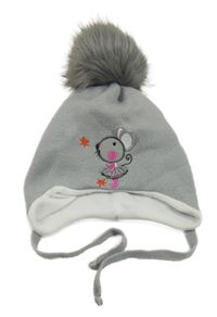 Šedá vlněná čepice s myškou a bambulí 