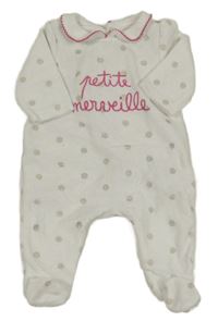 Bílý sametový puntíkatý overal s nápisem 