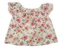 Bílo-růžový lehký květovaný top s volánkem shein