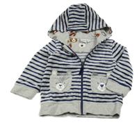 Šedo-modrá pruhovaná sametová propínací mikina s medvědy a kapucí manguun