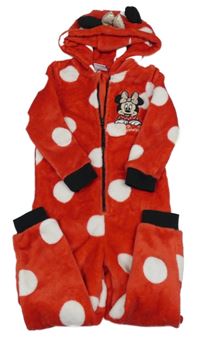 Červená plyšová kombinéza s puntíky a Minnie a kapucí Tu