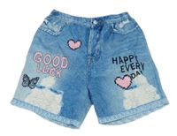 Modré lehké kraťasy riflového vzhledu s nápisem a srdíčky 