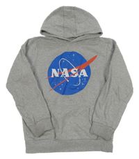 Šedá melírovaná mikina s potiskem a kapucí - Nasa