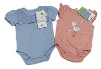 2set - 2x body - světlemodré body s krajkou + růžové body s ptáčkem 