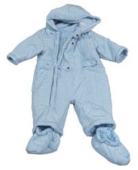 Světlemodrá šusťáková zimní kombinéza s autíčky a kapucí + capáčky Mothercare