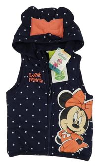 Nové - Tmavomodrá puntíkatá zateplená tepláková vesta s Minnie a kapucí Disney