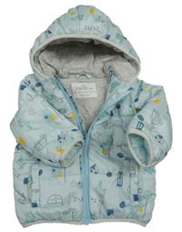 Světlemodrá šusťáková zateplená bunda s obrázky a kapucí M&S