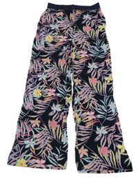 Tmavomodro-barevné květované žebrované široké kalhotky S. Oliver