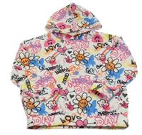 Bílo-barevná mikina s nápisy a květy a kapucí Shein