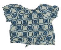 Smetanovo-tmavomodré vzorované květované lehké crop tričko Dunnes Stores