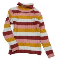 Bílo-růžovo-hořčicový pruhovaný žebrovaný svetrový rolák Nutmeg