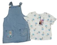 Nové - 2set - Bílé tričko s Elsou + světlemodré riflové laclové šaty s Elsou Disney