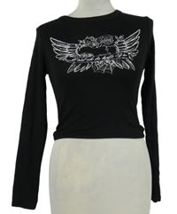 Dámské černé crop triko s potiskem Bershka 