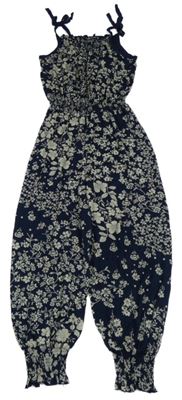 Tmavomodrý květovaný lehký kalhotový overal 