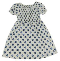 Bílo-vzorované šaty s modrými květinami 