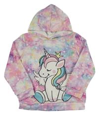 Barevná duhová batikovaná mikina s jednorožcem a kapucí 