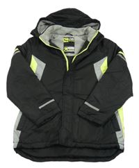 Černo-šedo-neonově žlutá šusťáková zimní bunda s pruhy a kapucí Urban