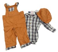 Nové - 3set - Cihlové plátěné laclové kalhoty + kostkované košilové body + bekovka 