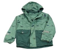 Khaki šusťáková jarní bunda s dinosaury a kapucí Pocopiano