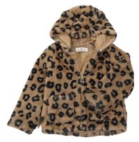 Hnědo-černá vzorovaná kožešinová podšitá bunda s odepínací kapucí s oušky H&M