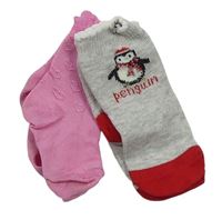 2x ponožky - šedé s tučňákem / růžové