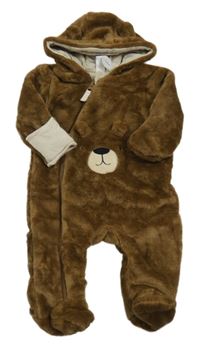 Nové - Hnědá chlupatá podšitá kombinéza s kapucí - medvěd Topolino