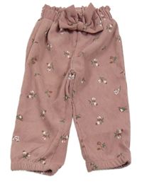 Světlerůžové žebrované kalhoty s kytičkami a mašlí 