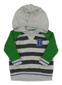 Šedo-zelený svetr s písmenem a kapucí 