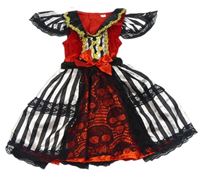 Kostým - Černo-bílo-červené pruhované saténo/sametové šaty s lebkami a krajkou a mašlí 