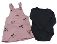 2Set - Růžové riflové šaty s Minnie a Mickey + tmavošedé žebrované body Disney