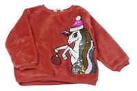 Jahodová plyšová mikina s jednorožcem z překlápěcích flitrů s vánočním motivem H&M