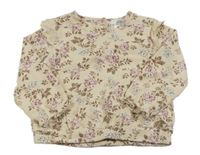 Světlebéžová mikina s kytičkami a volánky a madeirou