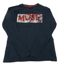 Tmavomodré triko s překlápěcími flitry s nápisem Y.F.K.