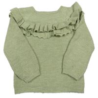 Olivový melírovaný žebrovaný svetr s volánky a madeirou George