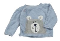 Modrý melírovaný propínací svetr s medvídkem a vzorem NUTMEG