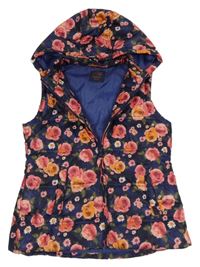 Tmavomodrá vzorovaná prošívaná šusťáková zateplená vesta s růžemi a kapucí LC WaIKIKI