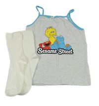2Set - Světlešedo-modrá melírovaná košilka se Sesame Street + bílé žebrované ponožky 