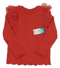 Nové - červené žebrované triko s tylovými třpytivými volánky Matalan