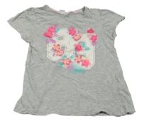 Šedé melírované tričko s číslem a 3D květy Y.F.K.