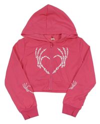 Tmavorůžová propínací crop mikina se srdíčkem a kostmi a kapucí SHEIN