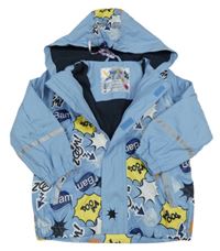 Světlemodrá nepromokavá jarní bunda s nápisy a kapucí lupilu