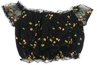 Černé síťované crop tričko s výšivkami květů New Look