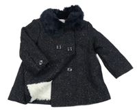 Tmavomodrý třpytivý vlněný zateplený kabát s kožešinou Minoti