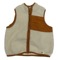 Béžovo-hnědá huňato/šusťáková vesta s kapsou