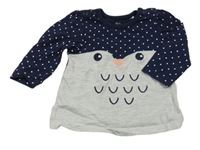 Tmavomodro-šedé triko se sovou a puntíky Topomini