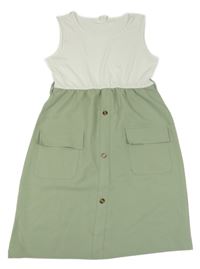 Bílo-zelené šaty s knoflíky a kapsami Shein