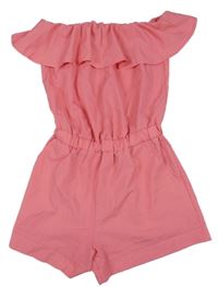 Růžový kraťasový overal bez ramínek a volánem